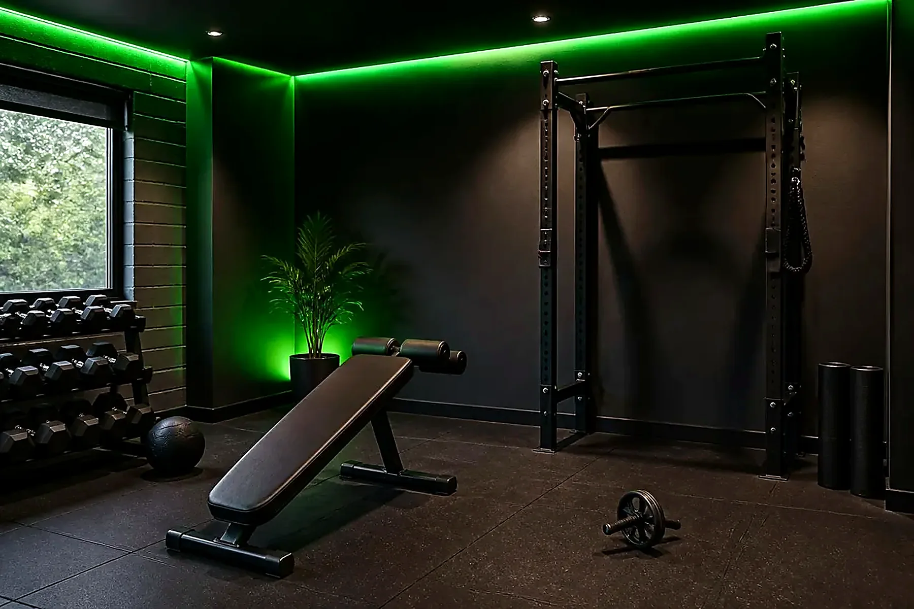 Abs and core corner with decline bench, ab roller and pull-up station