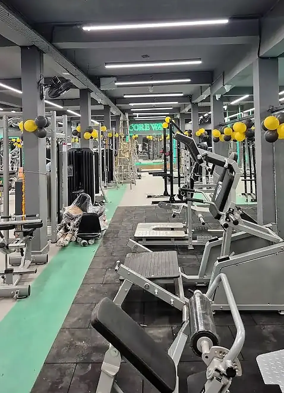 Main training floor with strength machines and mirrored walls