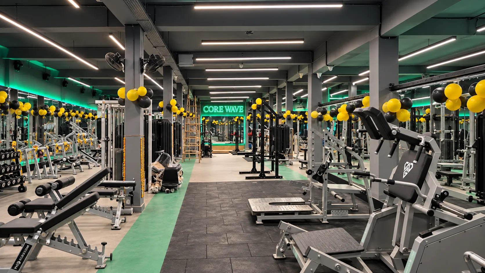 Core Wave Gym main training floor with strength machines, benches and mirrored walls