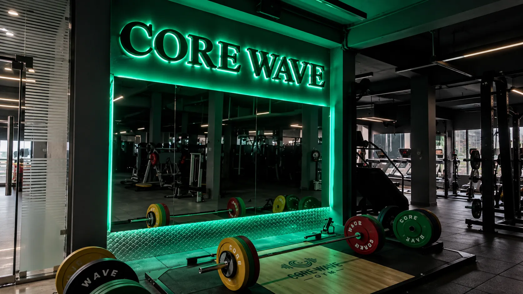 Core Wave Gym green neon entrance signage with Olympic barbell and weight plates